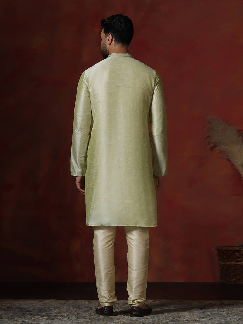 Green dupion kurta for men with printed design