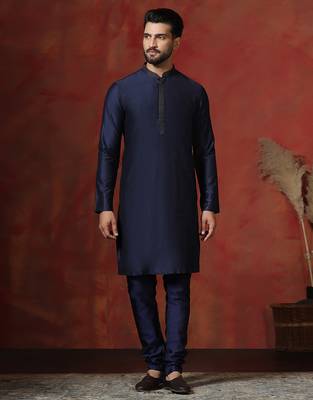 navy blue dupion kurta for men with solid design 1