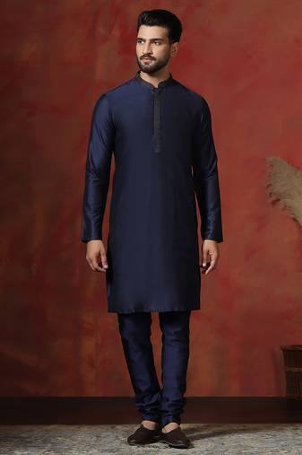 navy blue dupion kurta for men with solid design