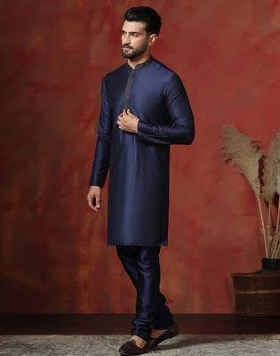 navy blue dupion kurta for men with solid design 2