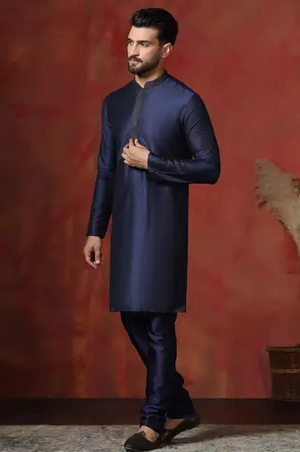 navy blue dupion kurta for men with solid design