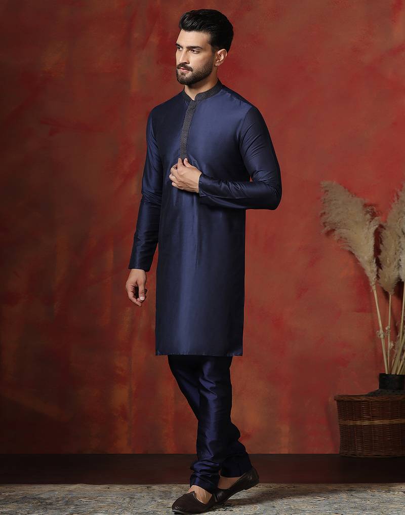 navy blue dupion kurta for men with solid design