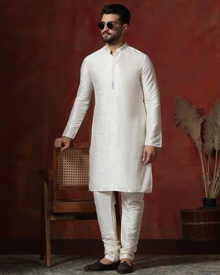 cream dupion kurta for men with solid design 1