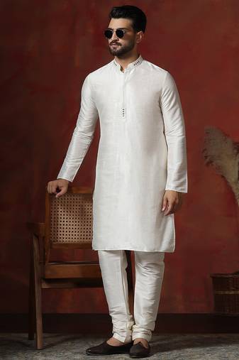 cream dupion kurta for men with solid design
