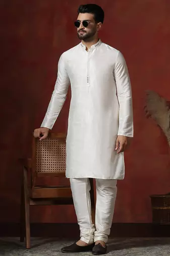 cream dupion kurta for men with solid design