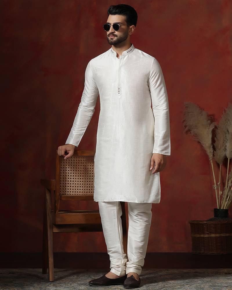cream dupion kurta for men with solid design