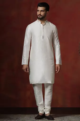 cream dupion kurta for men with solid design