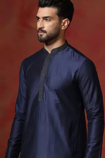 navy blue dupion kurta for men with solid design