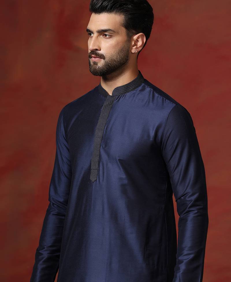 navy blue dupion kurta for men with solid design