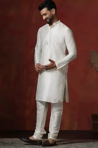 cream dupion kurta for men with solid design