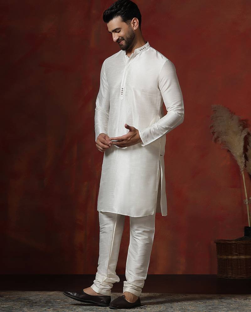 cream dupion kurta for men with solid design