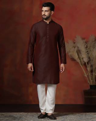 Maroon dupion kurta pyjama set for men with solid design 1