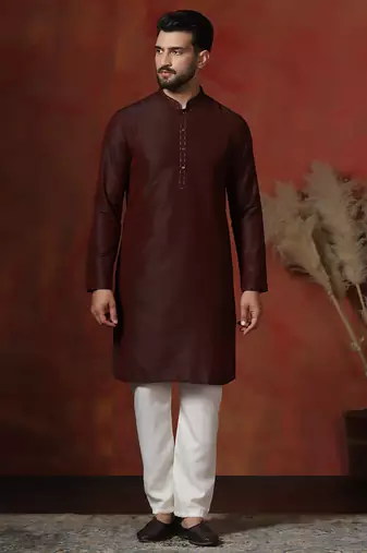 Maroon dupion kurta pyjama set for men with solid design