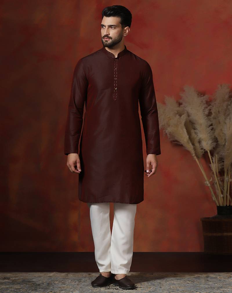 Maroon dupion kurta pyjama set for men with solid design