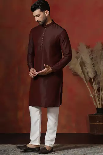 Maroon dupion kurta pyjama set for men with solid design