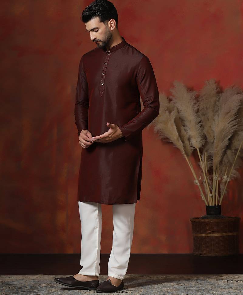Maroon dupion kurta pyjama set for men with solid design