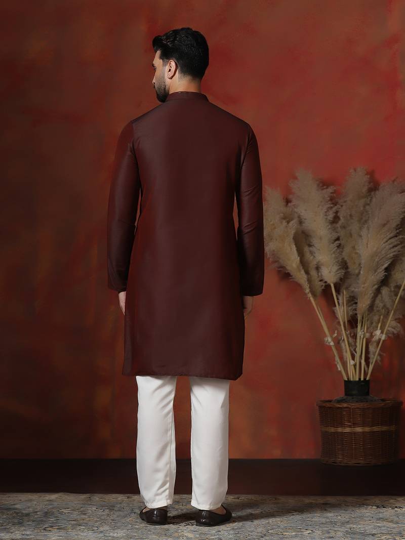 Maroon dupion kurta pyjama set for men with solid design