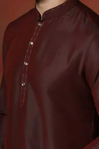 Maroon dupion kurta pyjama set for men with solid design