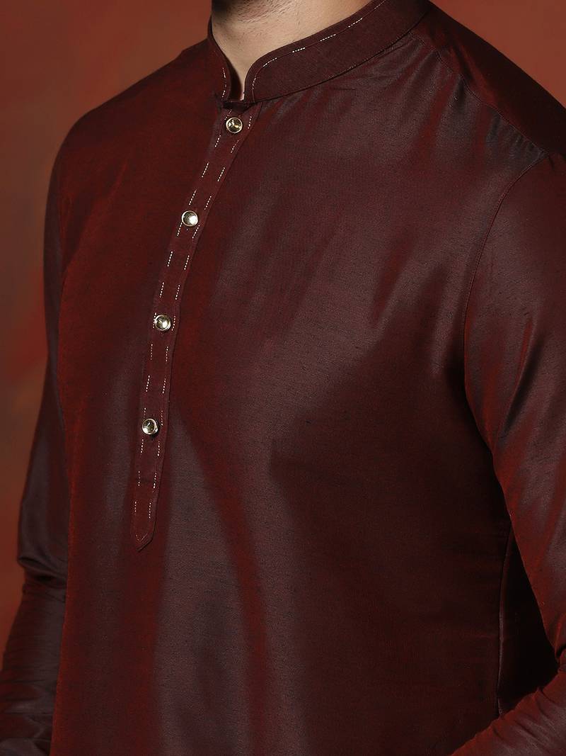 Maroon dupion kurta pyjama set for men with solid design