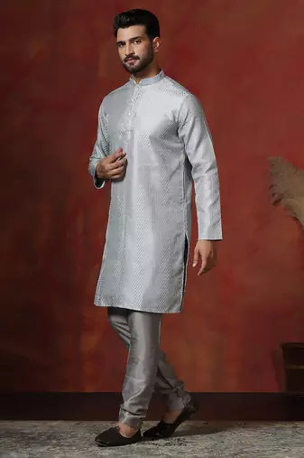 grey bangalorian silk kurta for men with embroidery work
