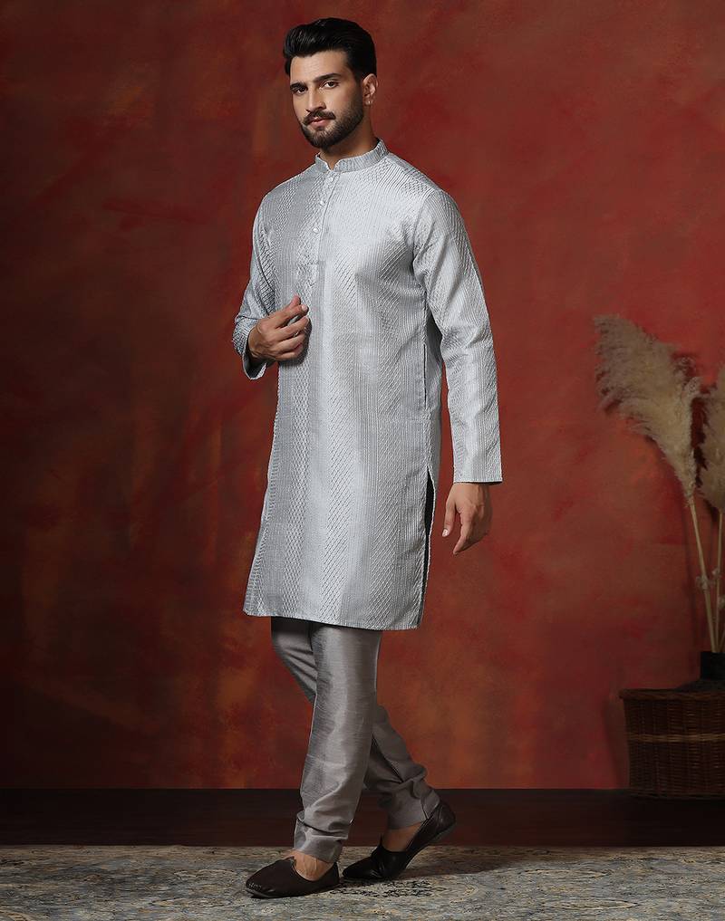 grey bangalorian silk kurta for men with embroidery work