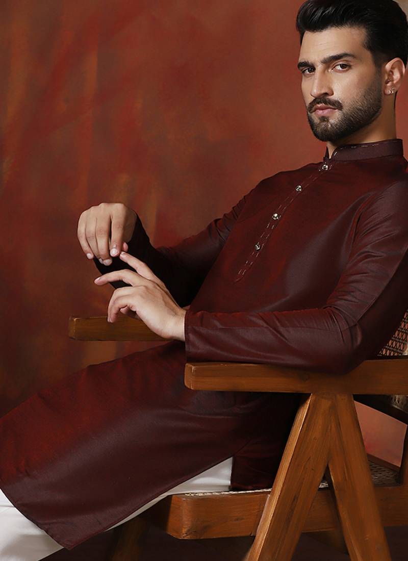 Maroon dupion kurta pyjama set for men with solid design