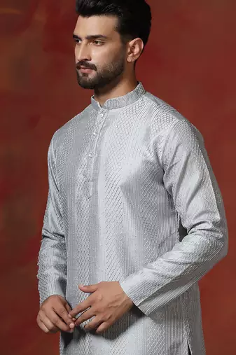 grey bangalorian silk kurta for men with embroidery work