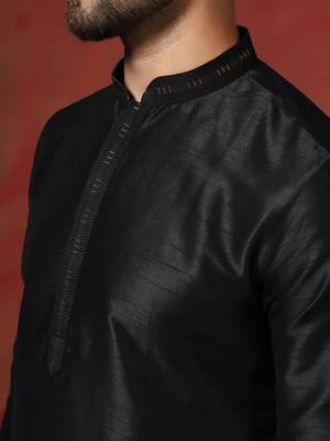 black dupion kurta pyjama set for men with solid design 4