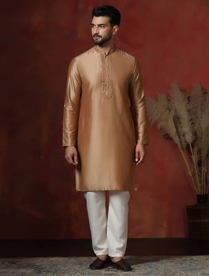 Brown dupion kurta pyjama set for men with solid design 1