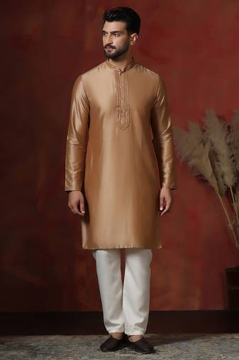 Brown dupion kurta pyjama set for men with solid design