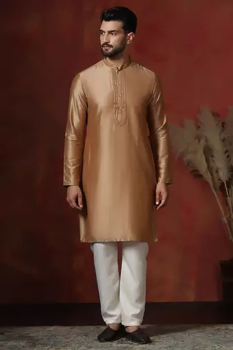 Brown dupion kurta pyjama set for men with solid design