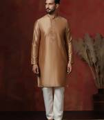 Brown dupion kurta pyjama set for men with solid design