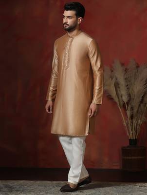 Brown dupion kurta pyjama set for men with solid design 2