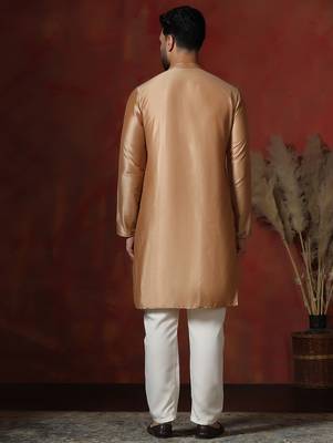 Brown dupion kurta pyjama set for men with solid design 3