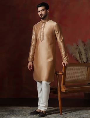 Brown dupion kurta pyjama set for men with solid design 4
