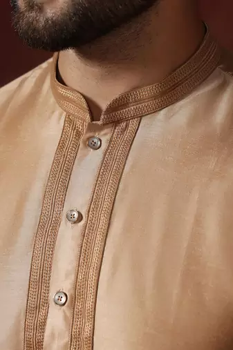 Brown dupion kurta pyjama set for men with solid design