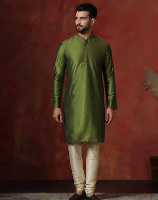 green dupion kurta for men with solid design 2
