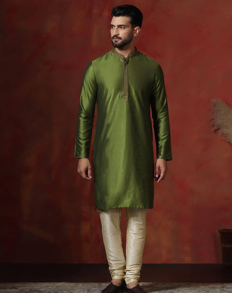 green dupion kurta for men with solid design