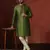 green dupion kurta pyjama set for men with solid design