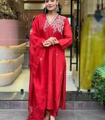 Red chanderi heavy thread embroidery work kurta pant set