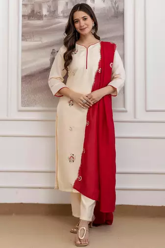 Cream chanderi heavy thread embroidery work kurta pant set