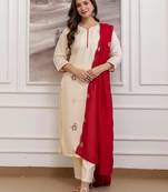 Cream chanderi heavy thread embroidery work kurta pant set