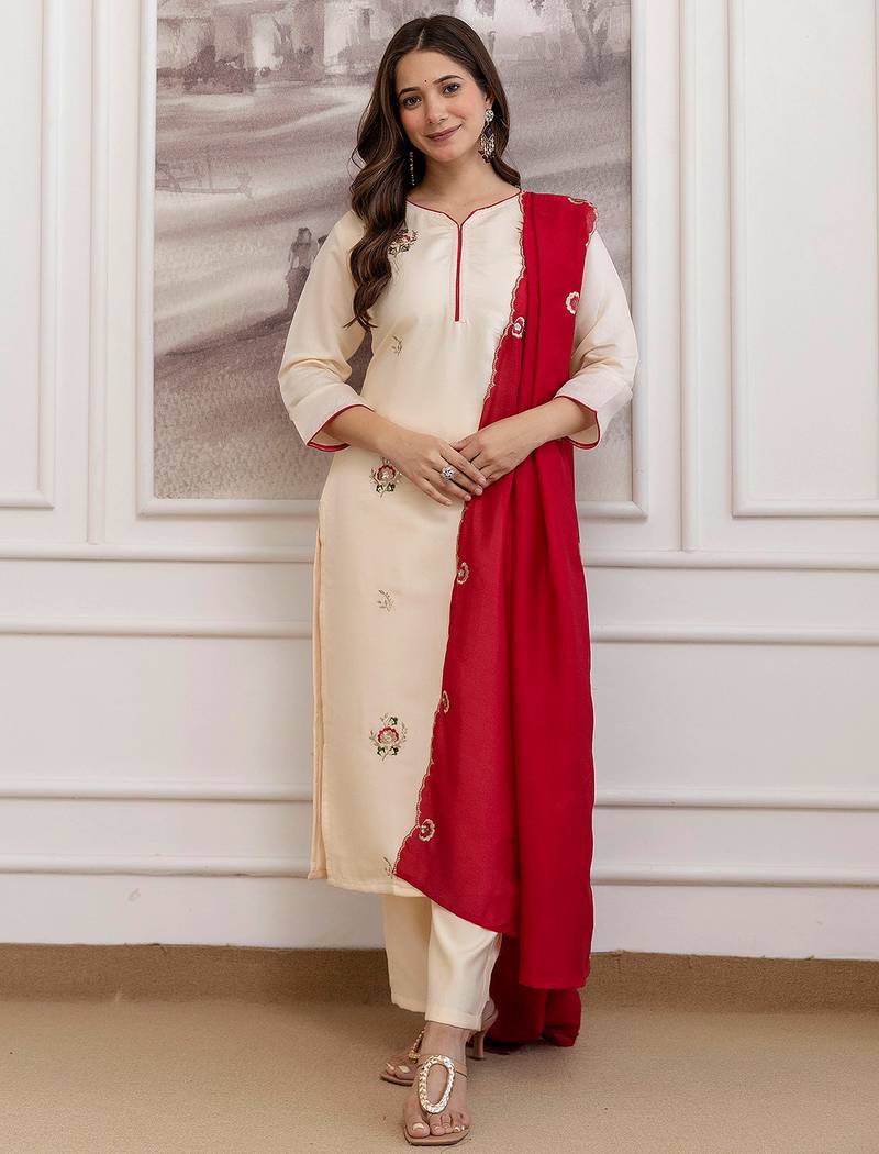 Cream chanderi heavy thread embroidery work kurta pant set