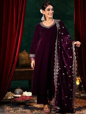 Maroon velvet heavy thread embroidery work on neck, sleeve and dupatta kurta pant set 1
