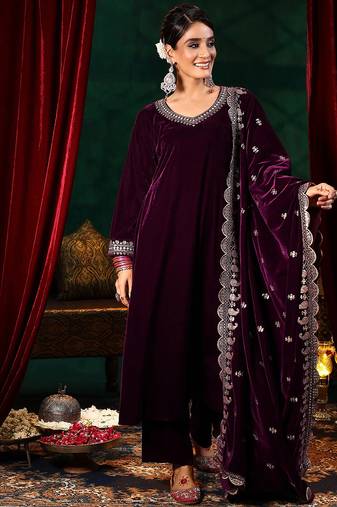 Maroon velvet heavy thread embroidery work on neck, sleeve and dupatta kurta pant set