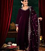 Maroon velvet heavy thread embroidery work on neck, sleeve and dupatta kurta pant set