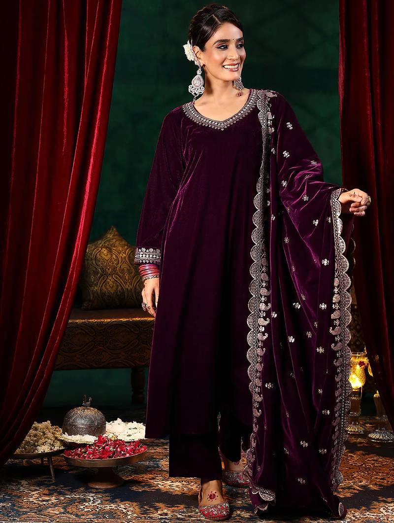 Maroon velvet heavy thread embroidery work on neck, sleeve and dupatta kurta pant set