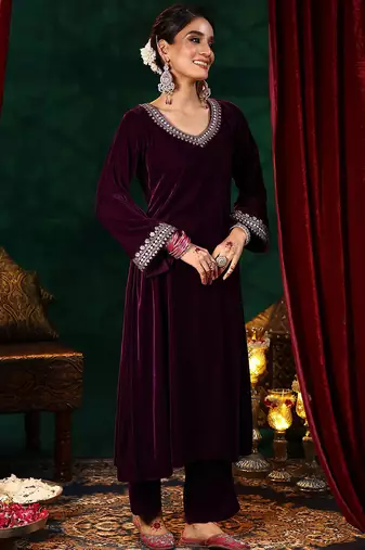 Maroon velvet heavy thread embroidery work on neck, sleeve and dupatta kurta pant set
