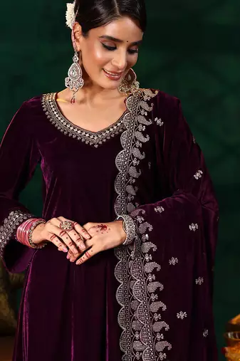 Maroon velvet heavy thread embroidery work on neck, sleeve and dupatta kurta pant set