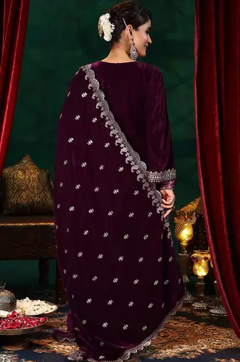 Maroon velvet heavy thread embroidery work on neck, sleeve and dupatta kurta pant set